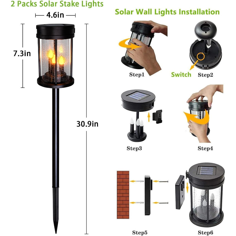 2‑Pack Flickering Solar Stake Lantern Lights