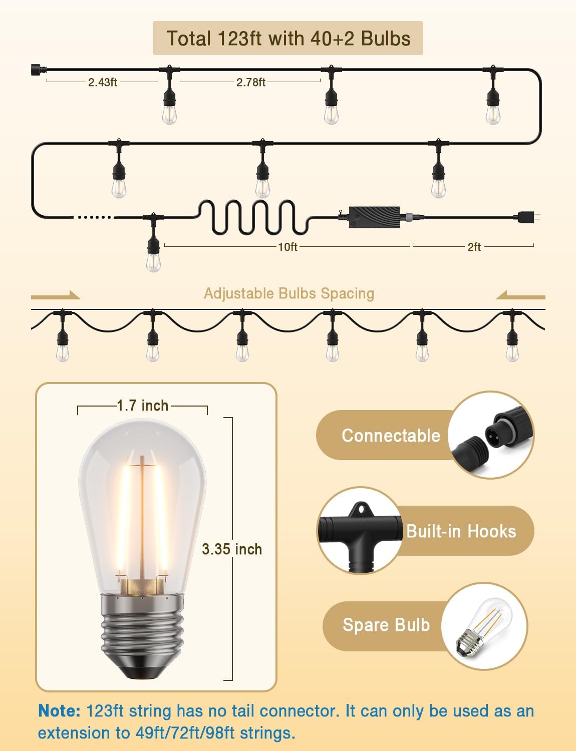 123FT Smart Dimmable Outdoor String Lights