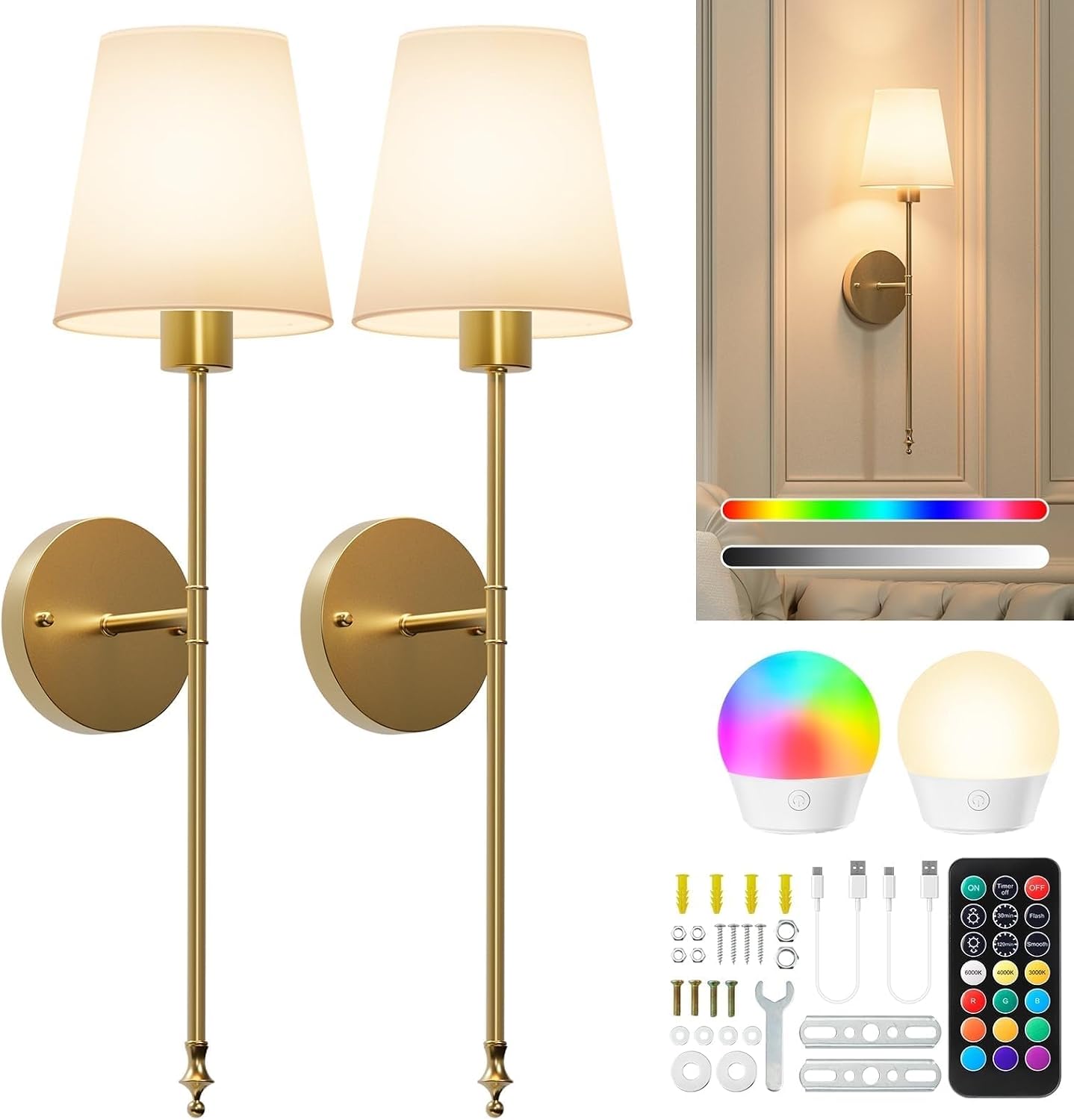 2‑Pack Gold Battery Wall Sconces