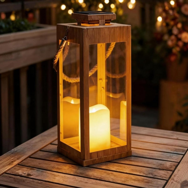 13" Large Wooden Solar Porch Lanterns