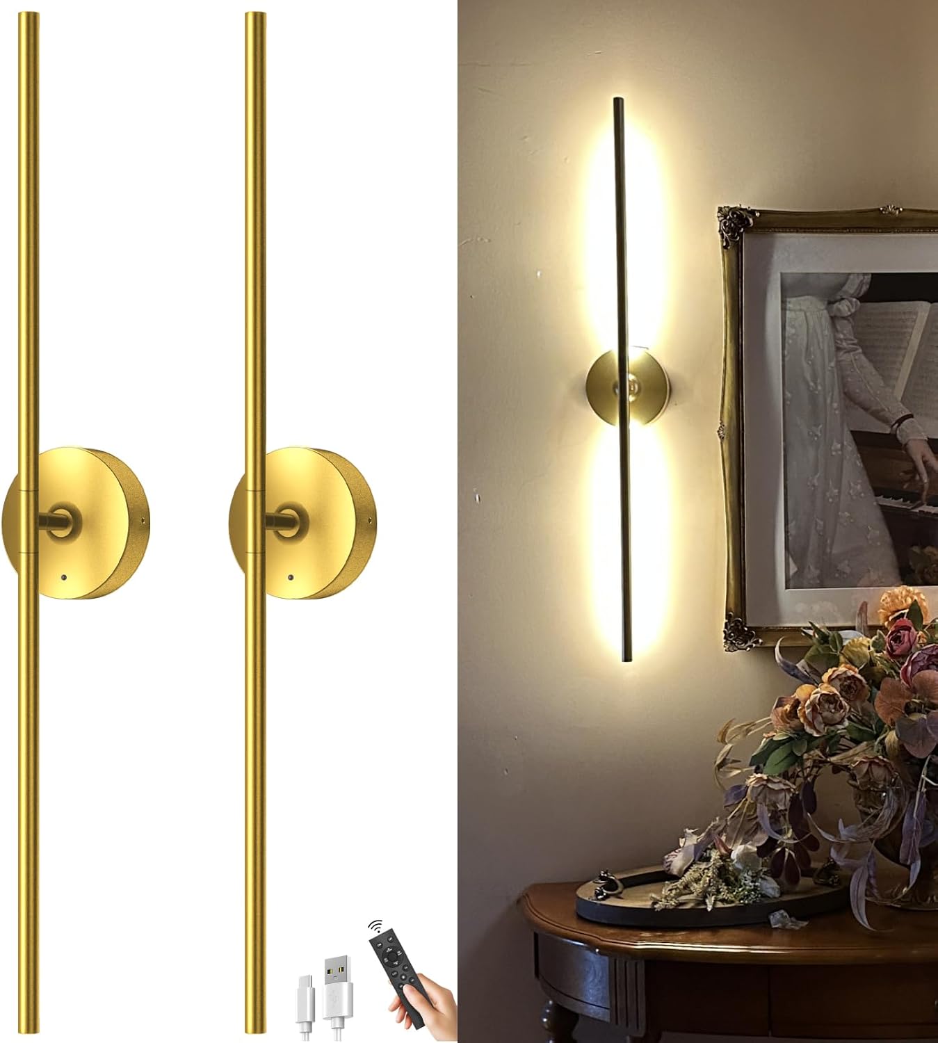 2‑Pack Gold Rechargeable Wall Sconces