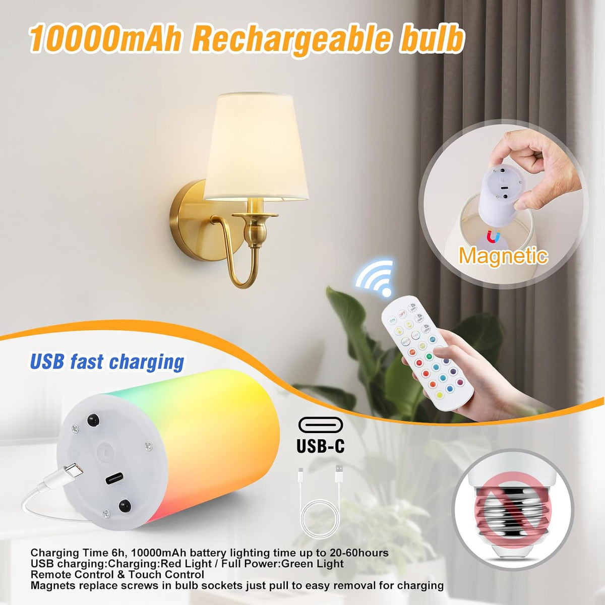 2‑Pack Gold Fabric Rechargeable Wall Sconces