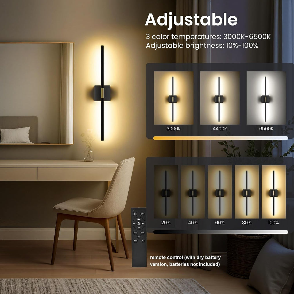 2‑Pack Black‑Gold Battery Wall Sconces