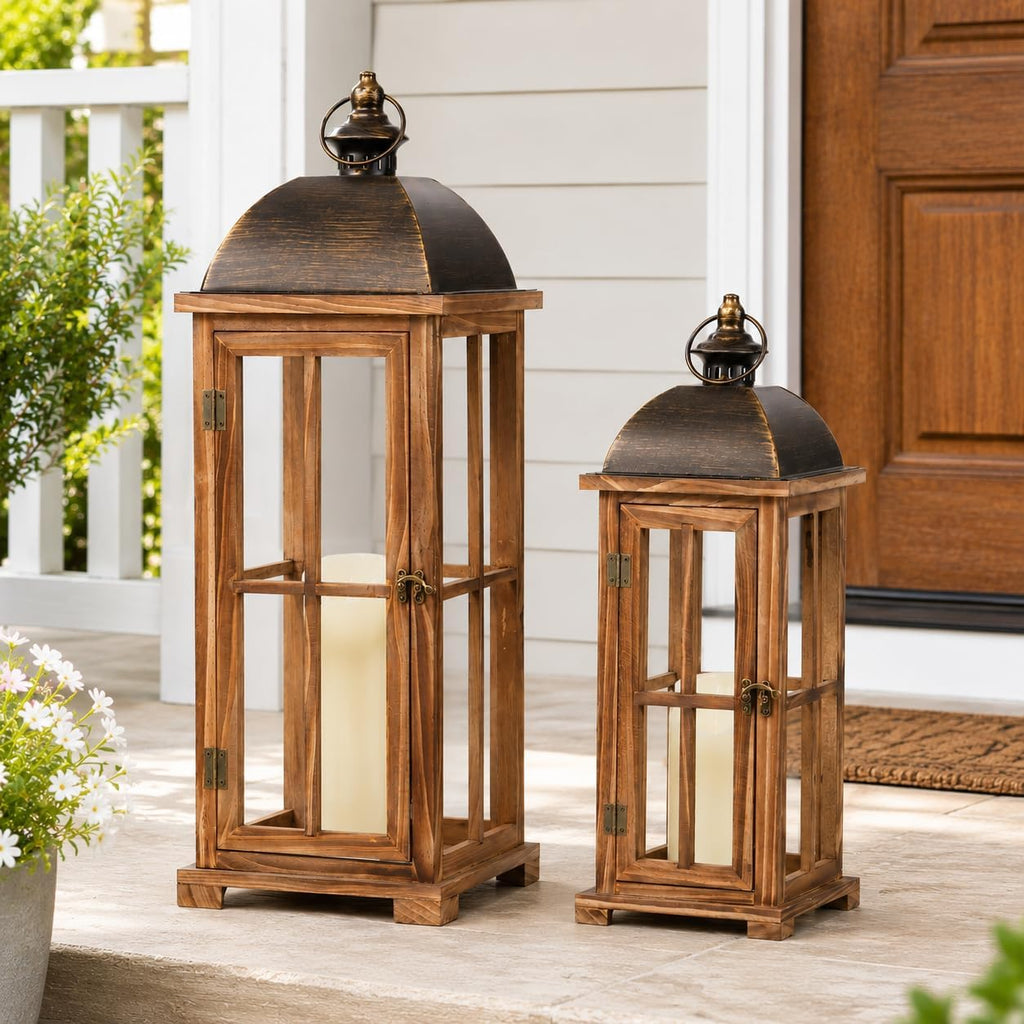 2‑Pack Farmhouse Wooden Decorative Lanterns