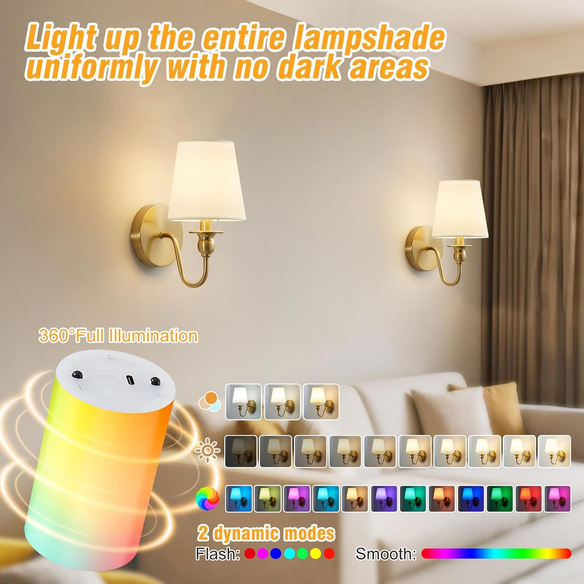 2‑Pack Gold Fabric Rechargeable Wall Sconces