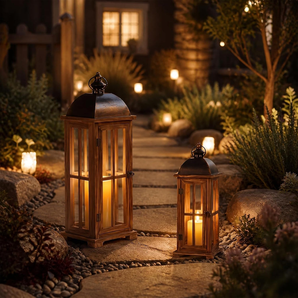 2‑Pack Farmhouse Wooden Decorative Lanterns