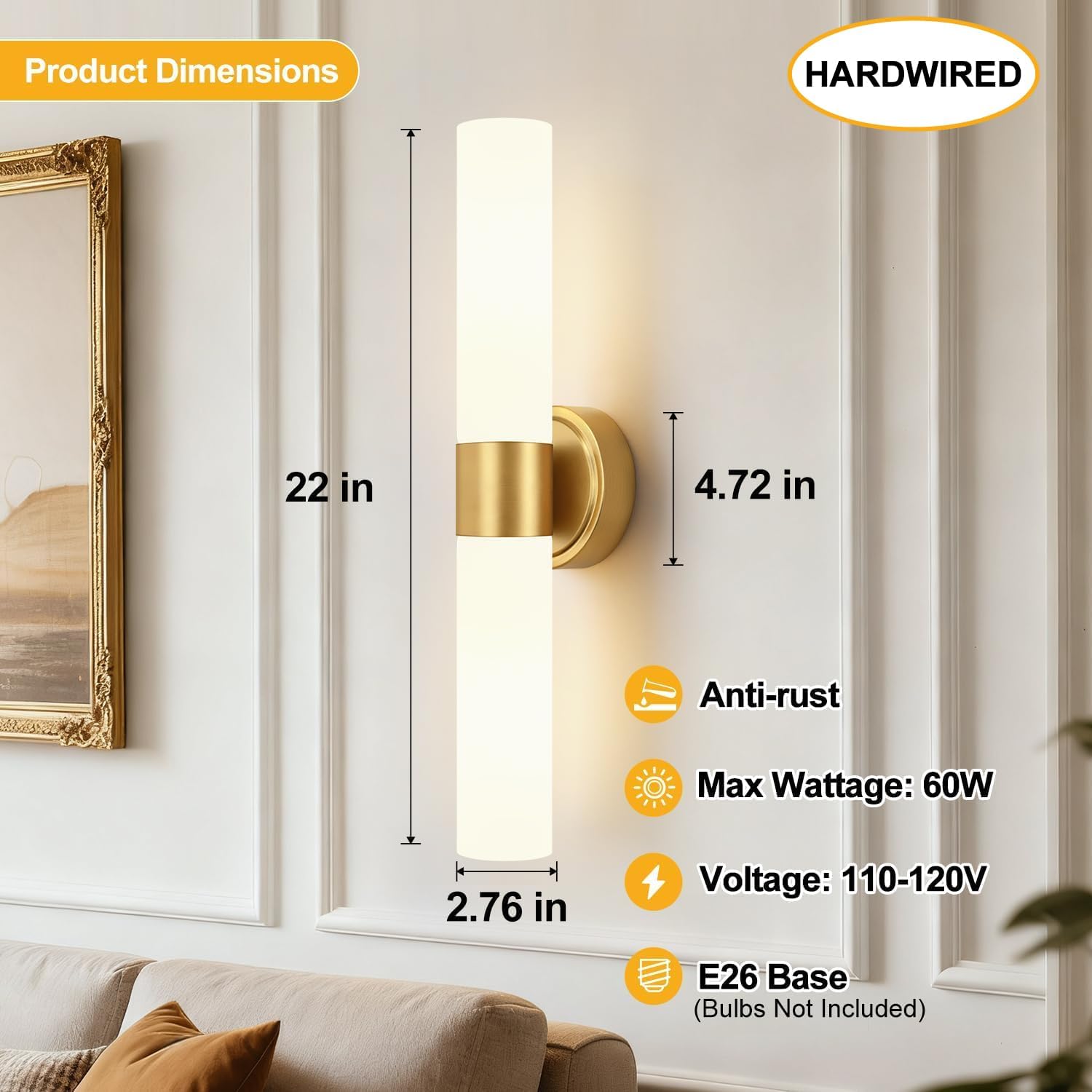 2‑Pack Brushed‑Gold Glass Wall Sconces
