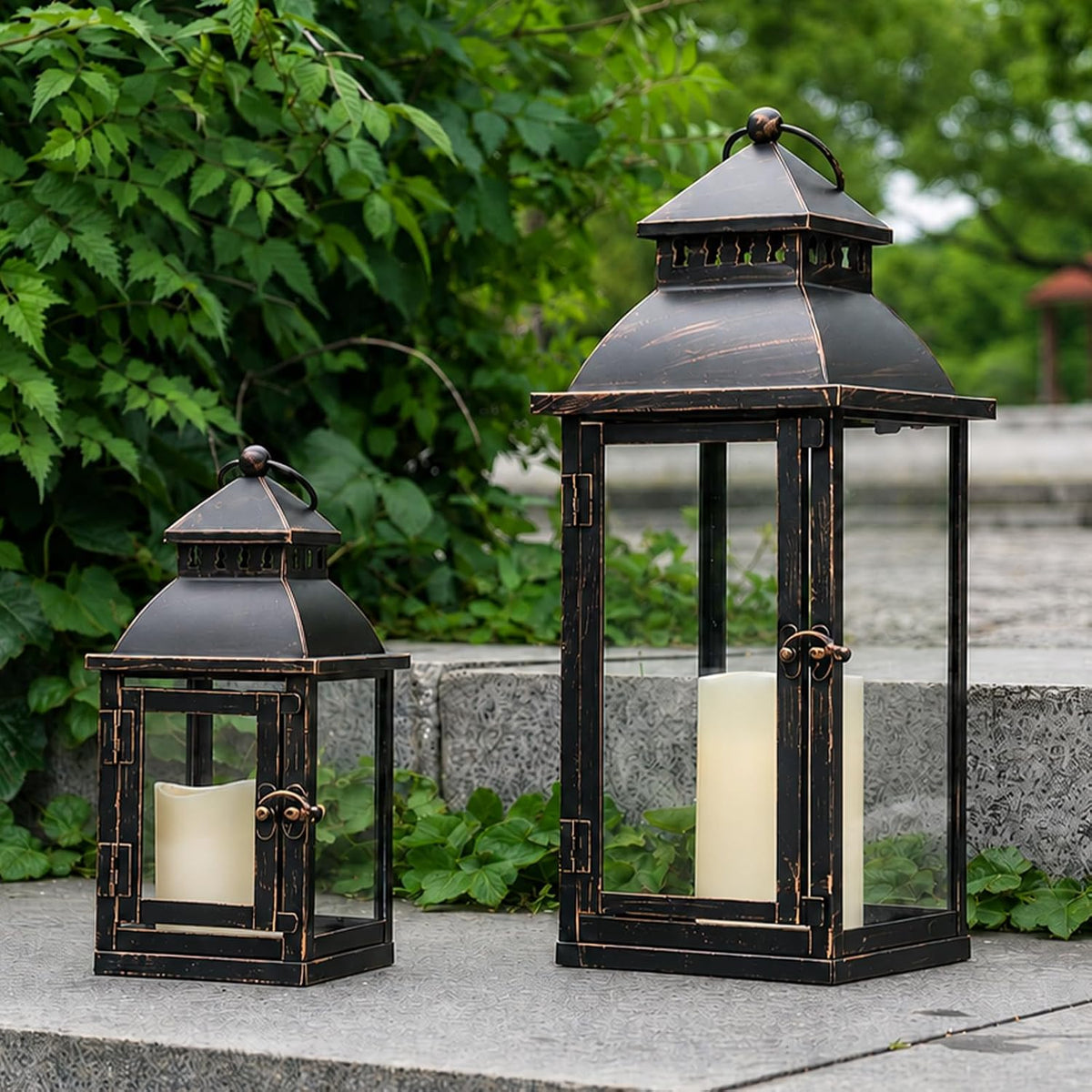 2‑Pack Bronze Metal Glass Lanterns