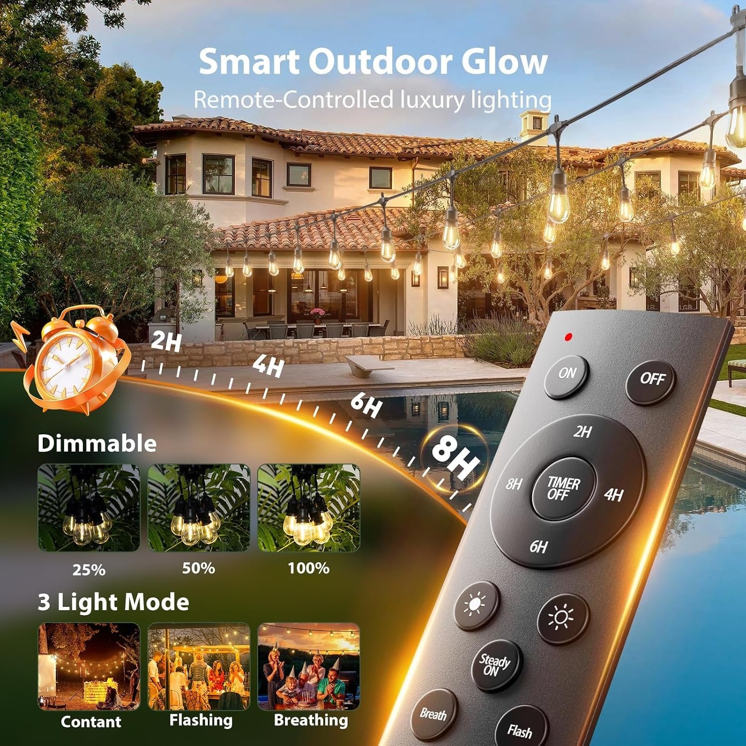 100FT Remote Dimmable Outdoor String Lights