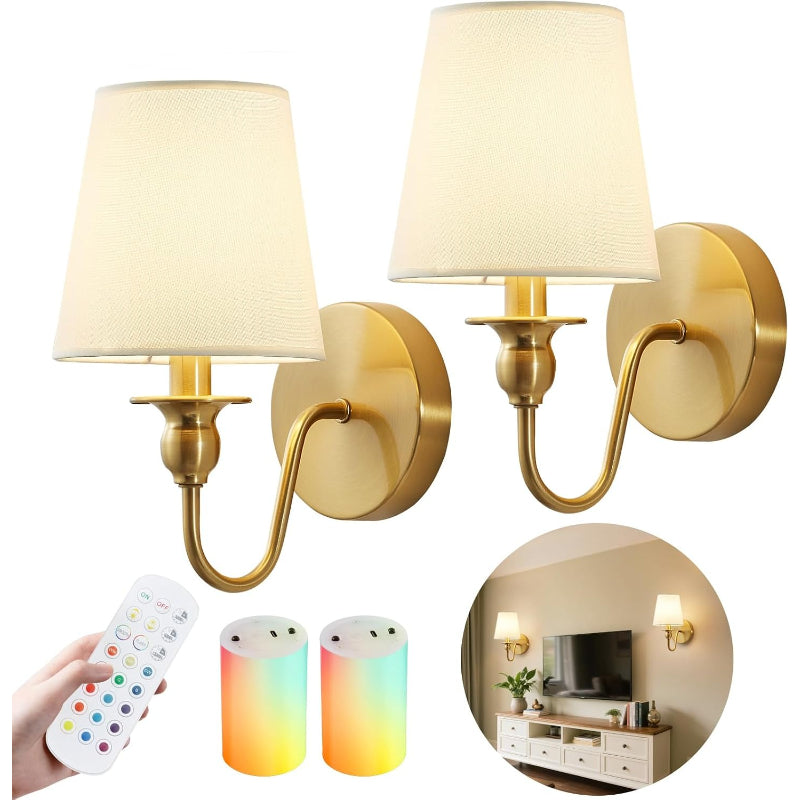 2‑Pack Gold Fabric Rechargeable Wall Sconces